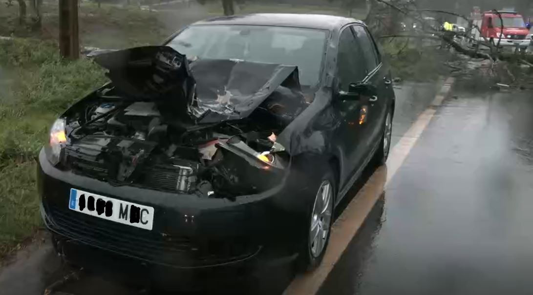 Coche destrozado por un arbol tirado por Karlotta en Tomiu00f1o que provocu00f3 tres heridos en una imagen de la CRTVG