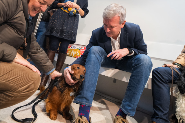 Rueda acaricia un teckel en su visita a una clínica veterinaria de Ponteareas.