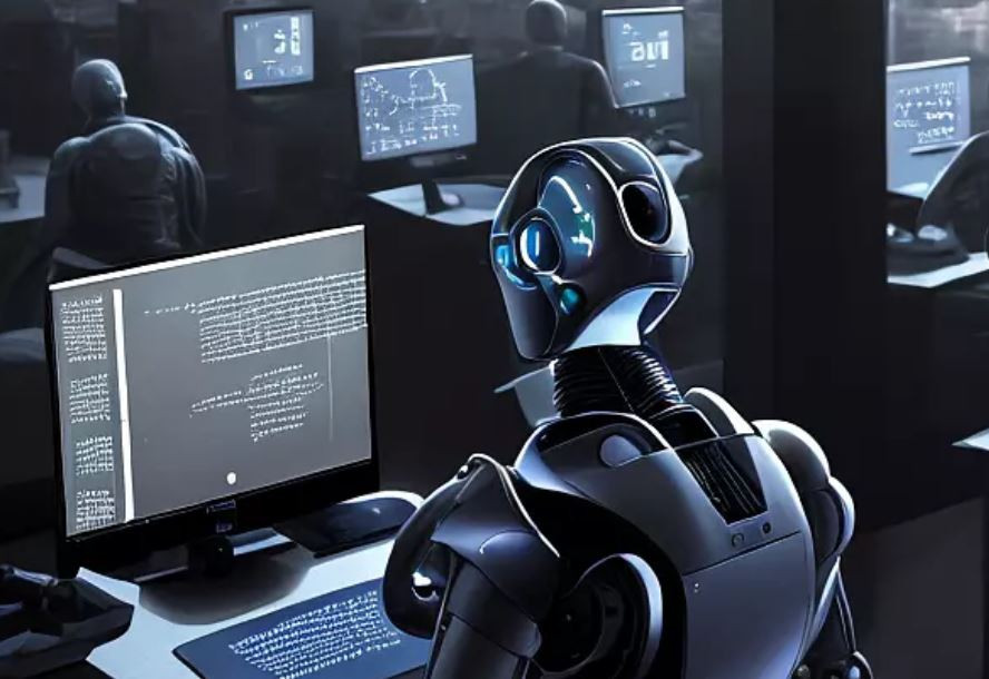 Recreaciu00f3n de una redacciu00f3n de un periu00f3dico con robots en una imagen realizada con IA