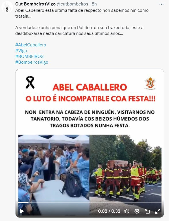 Imagen de un mensaje en X del sindicato CUT Bombeiros Vigo, criticando la presencia del alcalde en actos festivos, antes de acudir al tanatorio donde se velaba a un bombero fallecido en acto de servicio, un dia de luto oficial en la ciudad.