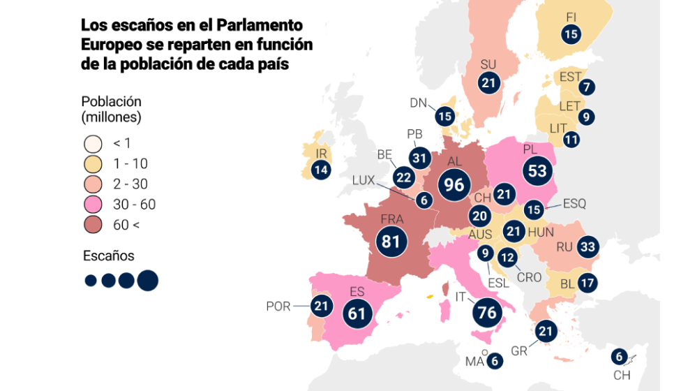 Mapa de la distribuciu00f3n de escau00f1os por estados en el Parlamento de la Uniu00f3n Europea