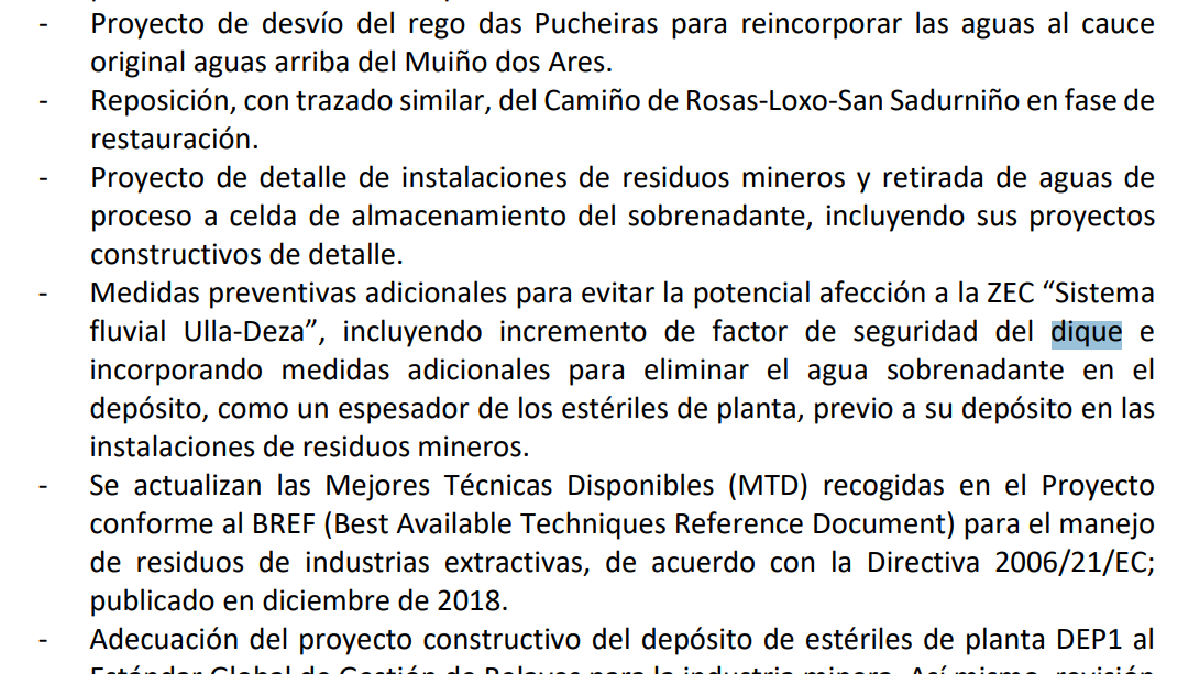 Documentaciu00f3n remitida por Cobre San Rafael a la Xunta en la que se hace referencia a un dique