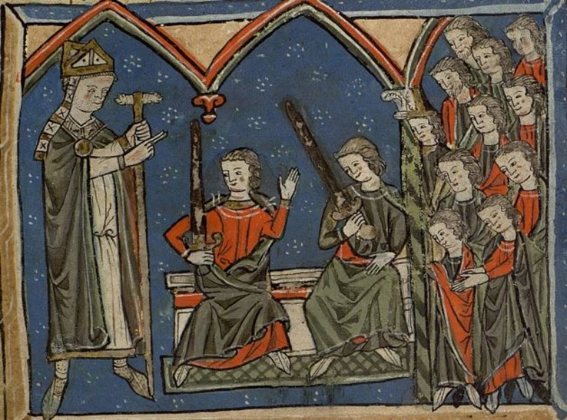 Miniatura medieval del monasterio de Toxos Outos donde se representa a Diego Xelmu00edrez ordenando a dos ju00f3venes caballeros en compau00f1u00eda de una comitiva de aristu00f3cratas. Siglo XIII