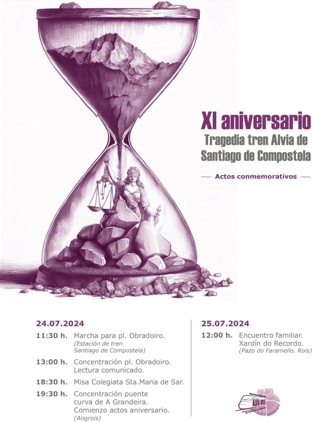 Cartel de la Plataforma Víctimas Alvia 04155 por los actos del XI aniversario del accidente de Angrois, en Santiago.