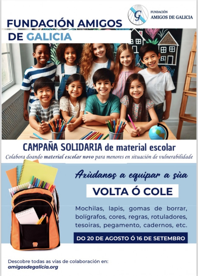 Campaña de recogida de material escolar de la Fundación Amigos de Galicia para el curso 2024-25.
