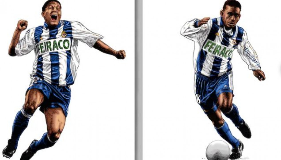 Donato y Djalminha con las camisetas de Feiraco en una imagen de la tienda de Deportivismo Ilustrado