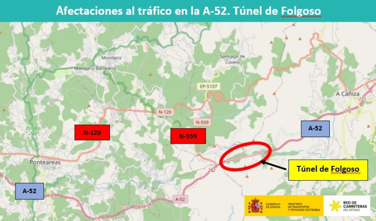 Cortada la A-52 varios días entre Vigo y Ourense por obras en el túnel más largo de Galicia, el de Folgoso