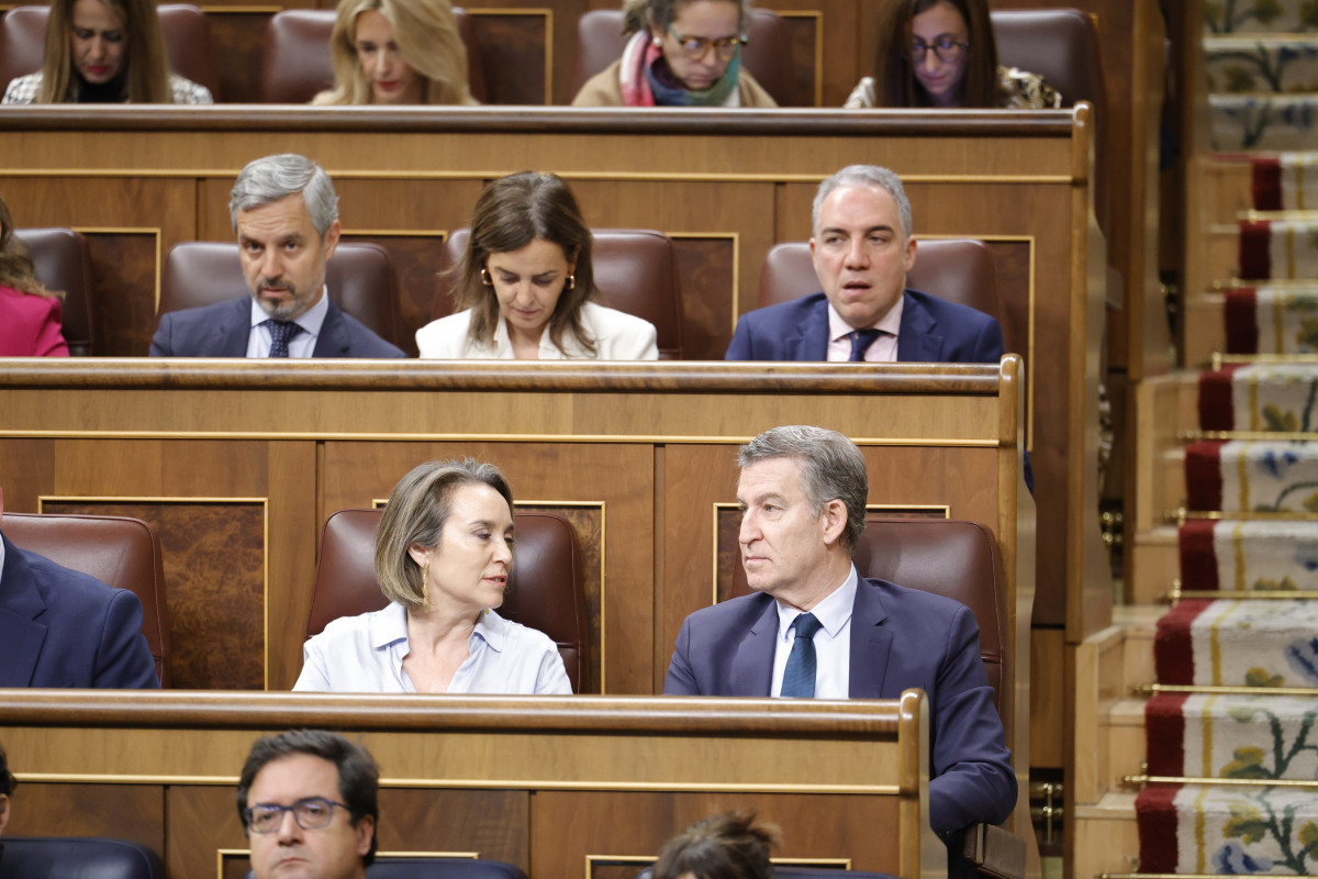 Archivo - La secretaria general del PP, Cuca Gamarra y el presidente del PP, Alberto Núñez Feijóo, durante una sesión de control al Gobierno, en el Congreso de los Diputados, a 18 de diciembre de 