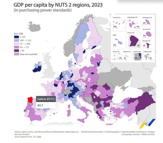 Riqueza per cápita en 2023 por regiones, según Eurostat