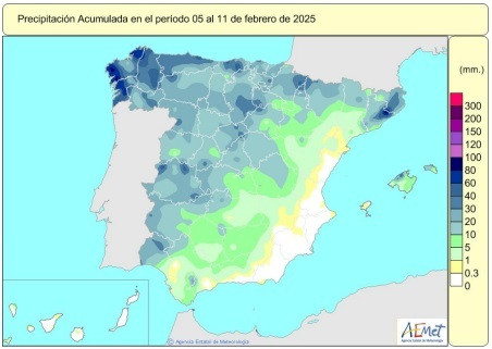 Las lluvias acumuladas desde el 1 de octubre se cifran en 315 l/m2, 1% más que su valor normal.