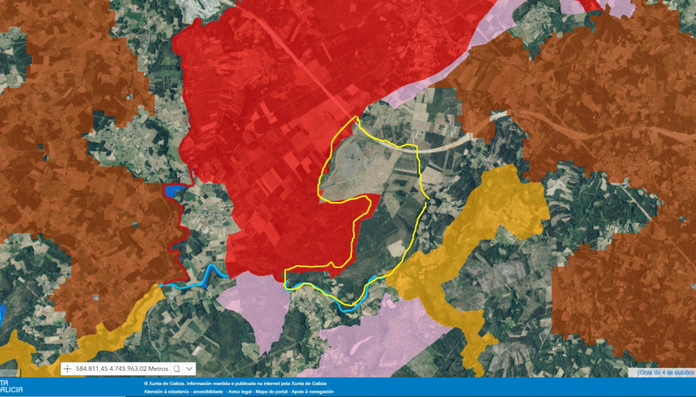 Mapa publicado en el DOG finalmente, con los terrenos de Altri enmarcados con una línea amarilla por la SGHN