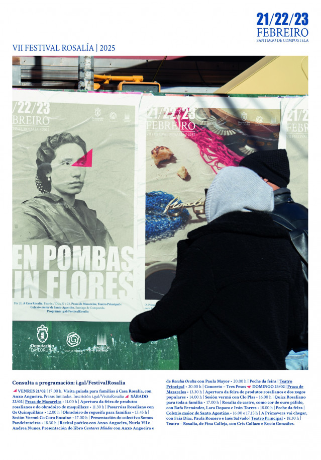 Cartel del Festival Rosalía, promovido por la Diputación de A Coruña con colaboración del Ayuntamiento de Santiago de Compostela.