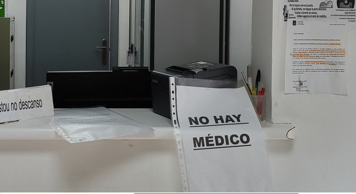 Cartel en el centro de sau00fade de Fornelos de Montes indicando que no hay mu00e9dico en una foto de Geli Carrera publicada a finales de marzo en Facebook