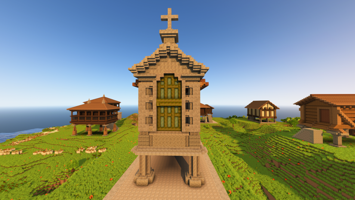 Horreo gallego con horreos asturianos al fondo en Minecraft en una imagen remitida por Mincraftu00e9ate