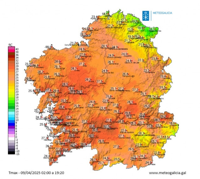 Temperaturas máximas registradas en Galicia el 9 de abril