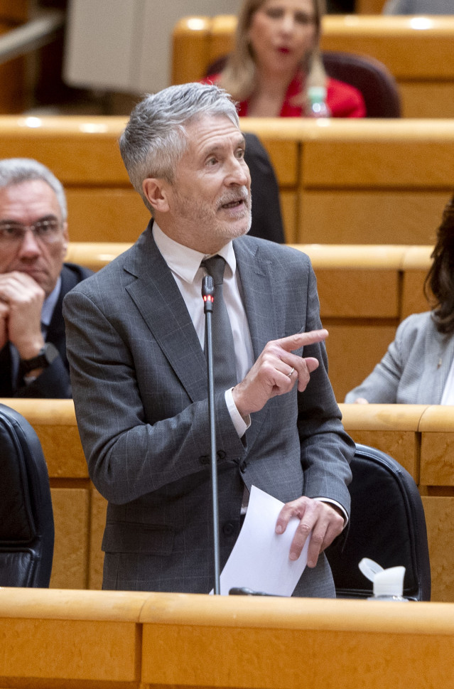 El ministro del Interior, Fernando Grande-Marlaska, interviene durante una sesión de control en el Senado, a 8 de abril de 2025, en Madrid (España). Entre otros asuntos, el Gobierno se ha enfrentado a las preguntas del Partido Popular que reclaman que la
