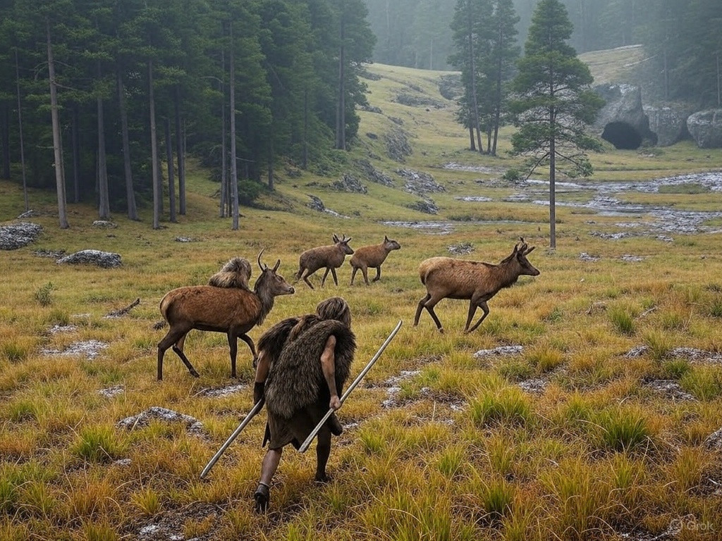 Neardantales cazando ciervvos rojos en una imagen creada con IA