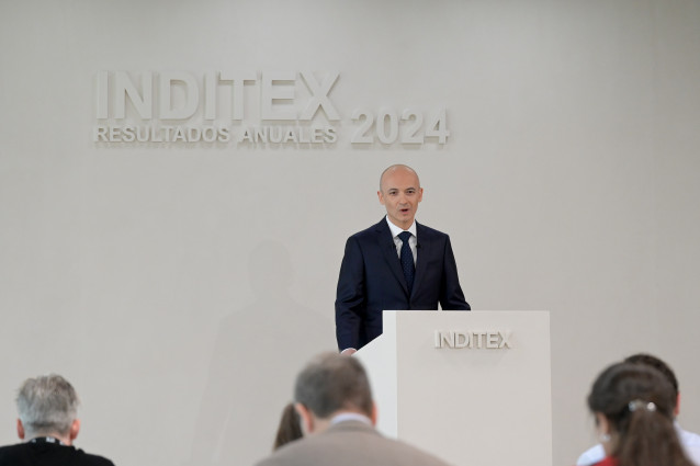 Archivo - El consejero delegado de Inditex, Óscar García Maceiras, interviene durante la presentación de resultados de Inditex del 2024, a 12 de marzo de 2025, en Santiago de Compostela, A Coruña, Galicia.