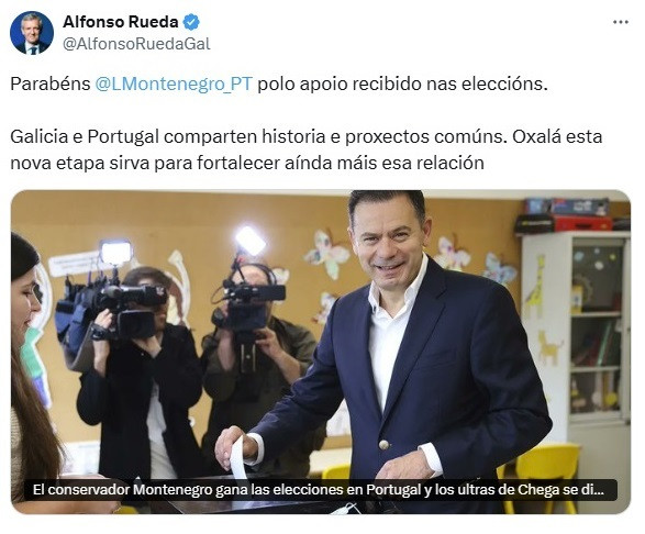 El presidente de la Xunta, Alfonso Rueda, ha felicitado en la red social 'X' al candidato de la coalición conservadora Alianza Democrática (AD), Luís Montenegro, por por su victoria en las elecciones legislativas de Portugal