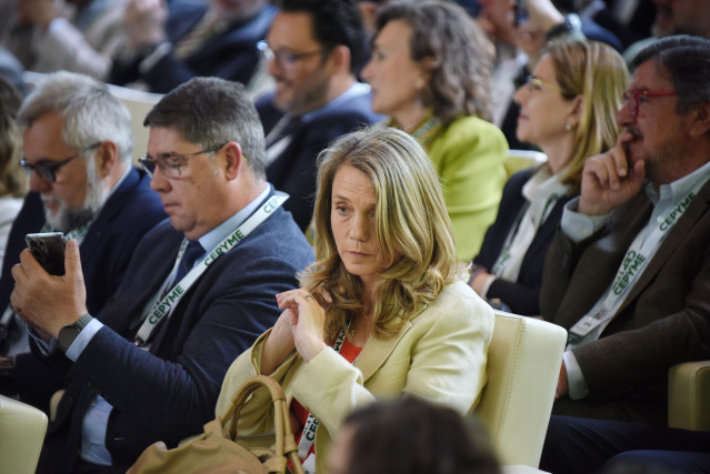 La candidata promovida por la dirección de CEOE, Ángela de Miguel, durante la Asamblea General Electoral de CEPYME, a 20 de mayo de 2025, en Madrid (España). El actual presidente de Cepyme, Gerardo Cuerva, y la presidenta de CEOE-Cepyme Valladolid, Ángela