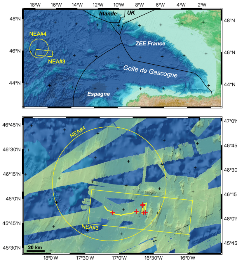 Ubicaciu00f3n de los residuos reactivos frente a Galicia en una imagen del CNRS