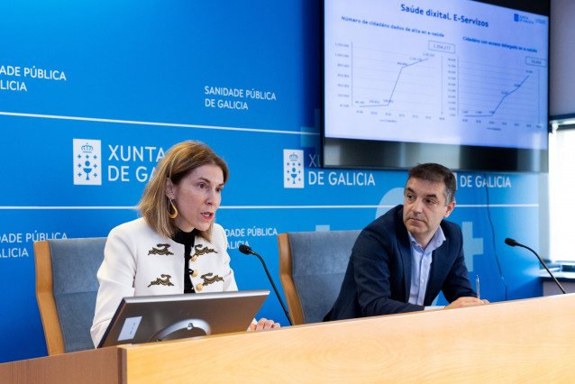 Rueda de prensa de la secretaria xeral técnica da Consellería de Sanidade, Natalia Lobato, y el subdirector xeral de Sistemas e Tecnoloxías da Información, Benigno Rosón