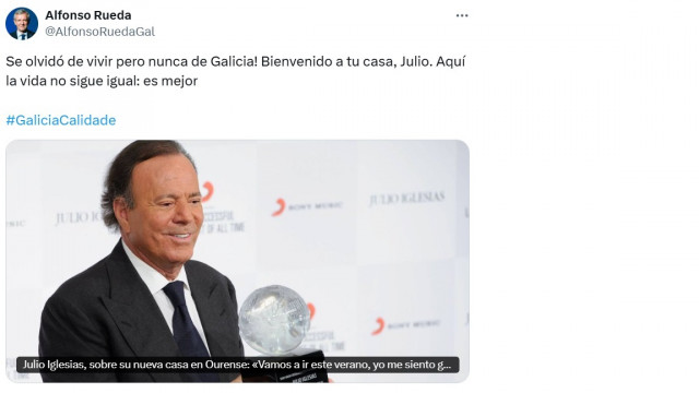 Mensaje publicado por el presidente de la Xunta, Alfonso Rueda, en la red social 'X', en el que da la 