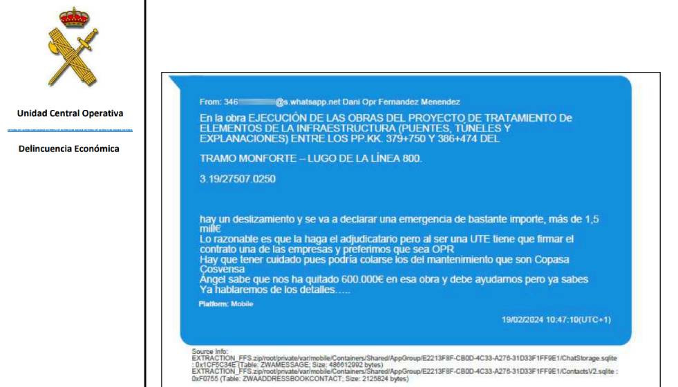 Whatsapp de un directivo a OPR pidéndole que una obra en Monforte sea para su empresa