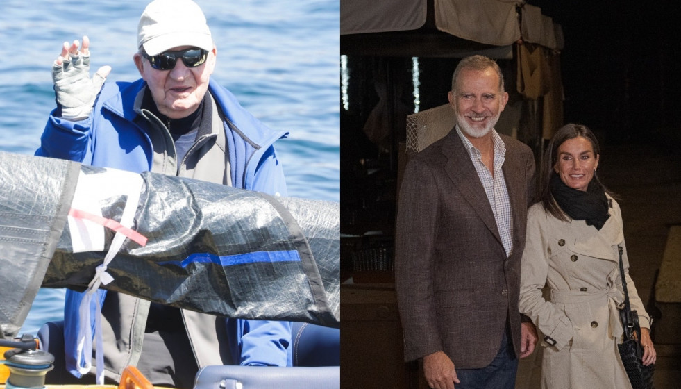 Juan Carlos I durante una regata en Sanxenxo y los Reyes, Felipe VI y Letizia, en una visita a Combarro (Pontevedra).