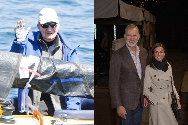 Juan Carlos I durante una regata en Sanxenxo y los Reyes, Felipe VI y Letizia, en una visita a Combarro (Pontevedra).