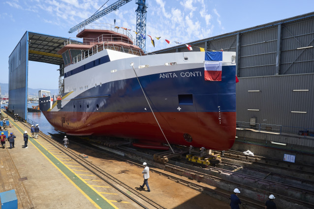 Archivo - Botadura del buque oceanográfico 'Anita Conti', construido para Francia en el astillero vigués Freire Shipyard