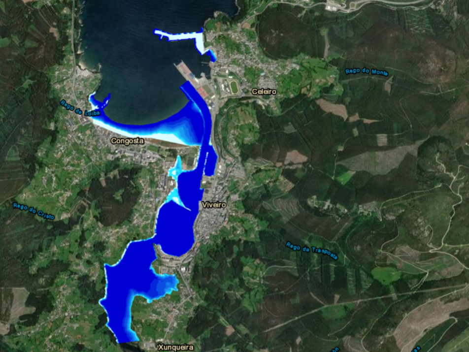 Viveiro Peligrosidad asociada a las Zonas Inundables por inundación costera, correspondientes a un escenario de probabilidad media y baja de inundación  con periodo de retorno (T) de 100 y 500 años