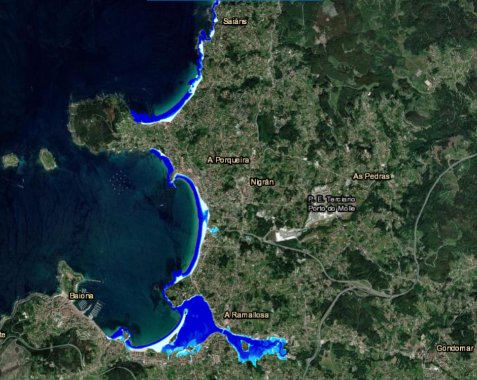 Baiona y Nigrán Peligrosidad asociada a las Zonas Inundables por inundación costera, correspondientes a un escenario de probabilidad media y baja de inundación  con periodo de retorno (T) de 100 y 