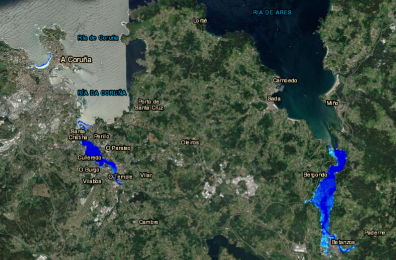 A Coruña y Betanzos Peligrosidad asociada a las Zonas Inundables por inundación costera, correspondientes a un escenario de probabilidad media y baja de inundación  con periodo de retorno (T) de 10