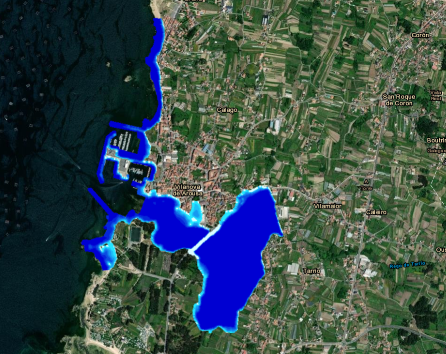 Vilanova de Arousa Peligrosidad asociada a las Zonas Inundables por inundación costera, correspondientes a un escenario de probabilidad media y baja de inundación  con periodo de retorno (T) de 100 