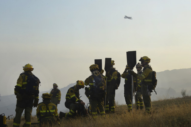 Bomberos trabajan para extinguir el incendio, a 2 de agosto de 2025, en Vilardevós, Ourense, Galicia (España).