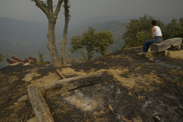 Varios vecinos observan sus fincas tras el paso del fuego, a 13 de agosto de 2025, en Somoza, Pobra de Trives, Ourense, Galicia (España).