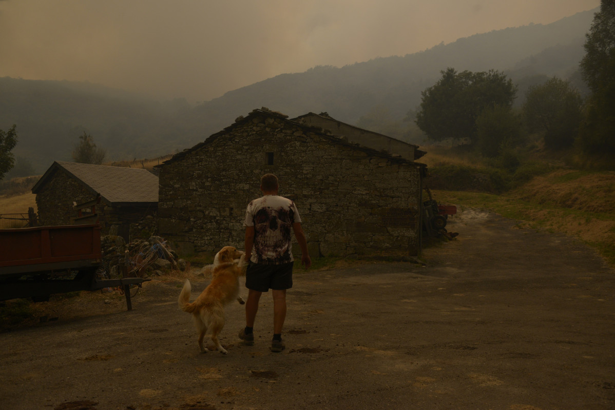 Una persona con su perro observa el incendio en Requeixo, a 11 de agosto de 2025, en Chandrexa de Queixa, Ourense, Galicia (España).