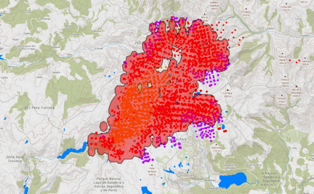 Incendio en Pena Trevinca, desde el visor Copernicus, a 18 de agosto de 2025.
