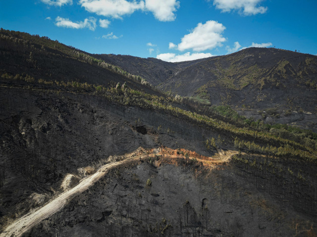 Vista aérea tras el incendio, a 20 de agosto de 2025, en Laza, Ourense, Galicia (España).