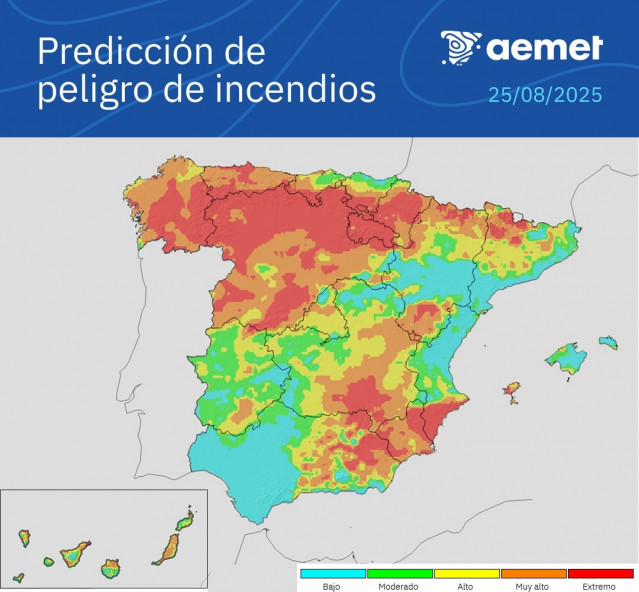 Mapa de riesgo de incendios de la Aemet a 25 de agosto.