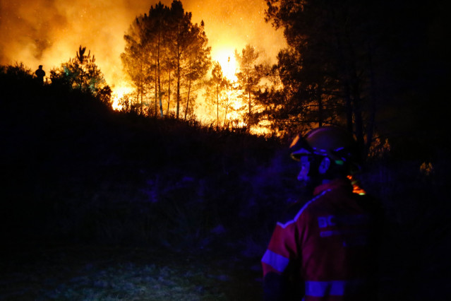 Un bombero trabaja para la extinción del incendio, a 25 de agosto de 2025, en A Pobra de Brollón, Lugo, Galicia (España).