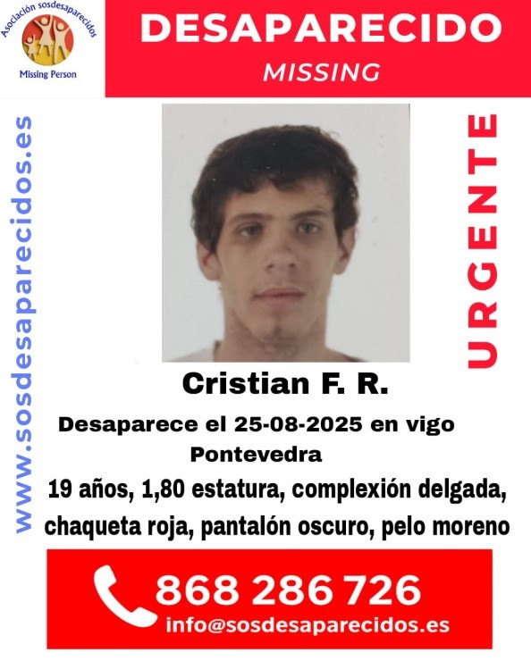 Piden ayuda para localizar a Cristian, un joven de 19 años desaparecido en Vigo desde el lunes