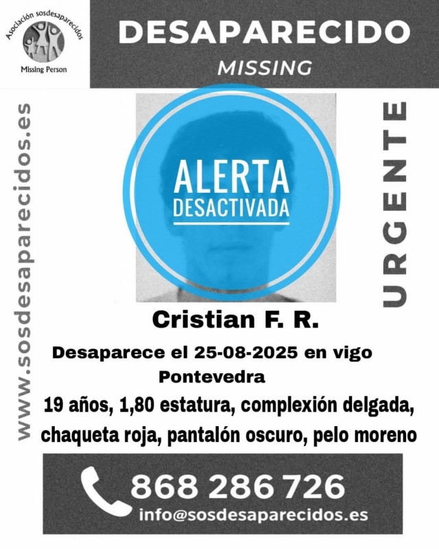 Desactivada la alerta tras la localización del joven de 19 años desaparecido el 25 de agosto de 2025 en Vigo.