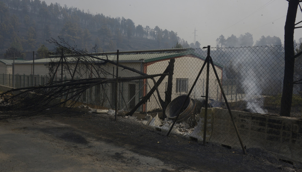 Vista de la Perrera Municipal quemada por el fuego, a 16 de agosto de 2025, en A Rúa, Ourense, Galicia (España)