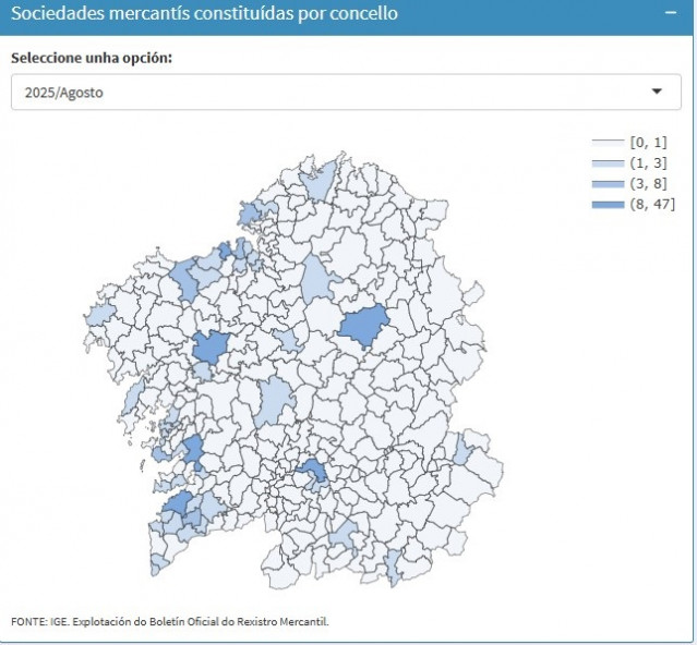 Mapa de sociedades mercantiles constituidas en Galicia, en agosto de 2025.