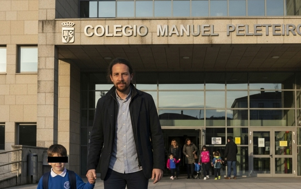 Una recreaciu00f3n con inteligencia artificial generativa de Pablo Iglesias saliendo de un colegio privado