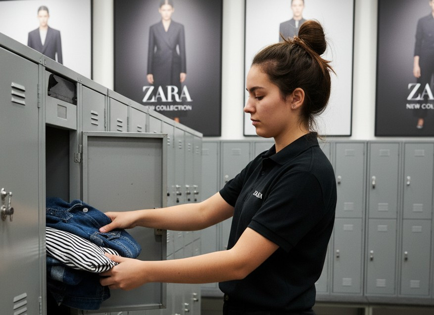 Una recreaciu00f3n generada por IA de una trabajadora de Zara guardando ropa en su taquilla