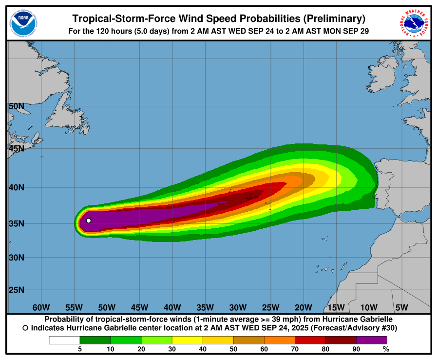 Fuerzas de viento del huracu00e1n Gabrielle estimadas por el NOAA el centro de Estados Unidos para huracanes