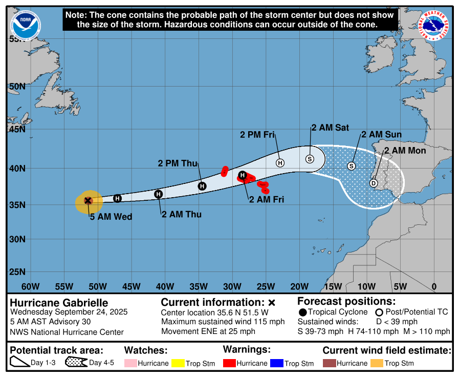 Mapa del probable rumbo de Gabrielle en su camino a la Penu00ednsula Ibu00e9rica segu00fan el NOAA